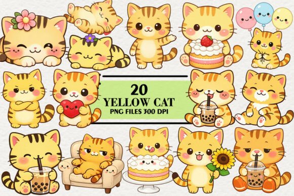 Download Kawaii Yellow Cat Clipart Bundle - Art Collection