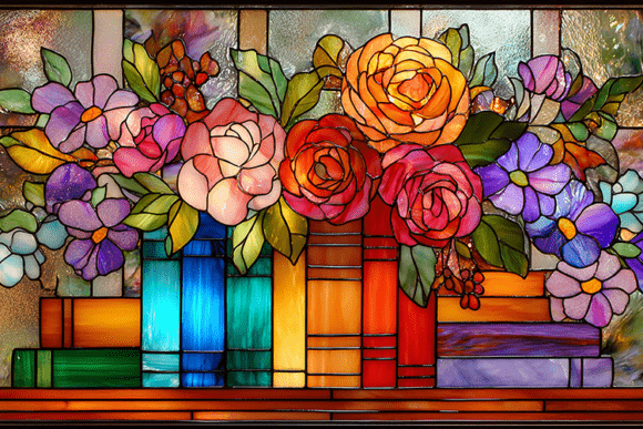 Download Stained Glass Floral Bookshelf Art - Art Collection