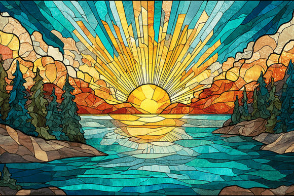 Download Stained Glass Sunrise Lake Art - Art Collection