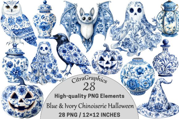 Download Blue &amp; Ivory Chinoiserie Halloween PNG. - Blue Collection
