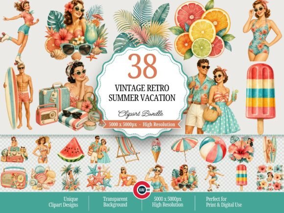 Download Vintage Retro Summer Vacation Clipart - Art Collection