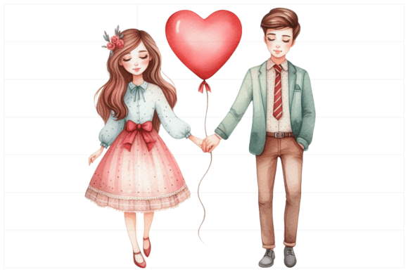 Download Watercolor Couple with Heart Balloon - Art Collection
