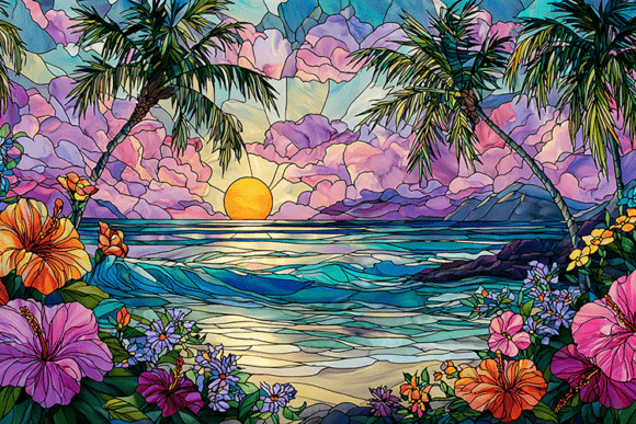 Download Tropical Stained Glass Sunset Art - Art Collection