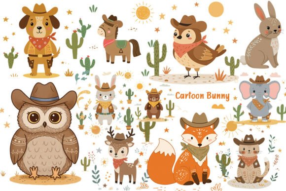 Download Western Cartoon Bunny, Fox, Owl &amp; Desert - Art Collection