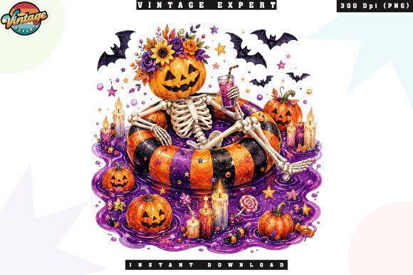 Download Relaxing Pumpkin Skeleton Pool Party PNG - Art Collection
