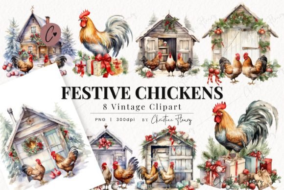Download Vintage Festive Chickens Clipart - Art Collection